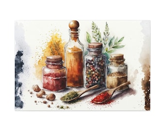 Watercolor Spices Canvas Art Ready To Hang Large Print, Water color, Kitchen, cooking