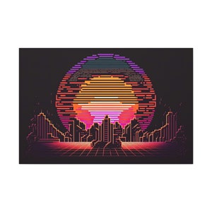 Pixel Art Sunset City Canvas Art Ready To Hang Large Print, Man Cave, Video Game, Retro, Synthwave