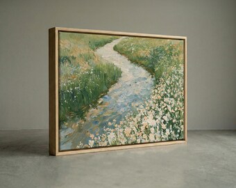 Wildflower Creek Meadow Canvas Print, Thick Impasto Countryside Wall Art