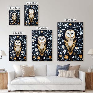 May include: A set of five framed prints featuring a white owl with gold accents perched in a floral arrangement. The prints are available in various sizes, including 18x12 inches, 24x16 inches, 30x20 inches, 36x24 inches, and 48x32 inches.