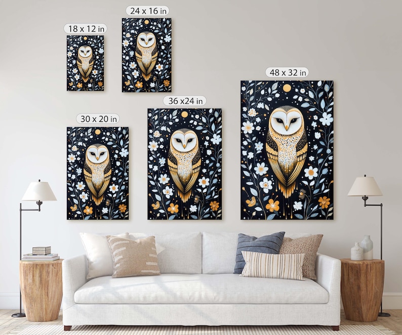 May include: A set of five framed prints featuring a white owl with gold accents perched in a floral arrangement. The prints are available in various sizes, including 18x12 inches, 24x16 inches, 30x20 inches, 36x24 inches, and 48x32 inches.
