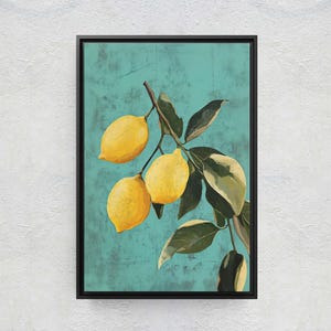 May include: A framed painting of a lemon tree branch with three yellow lemons against a teal blue background.