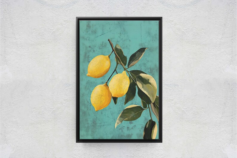 May include: A framed painting of a lemon tree branch with three yellow lemons against a teal blue background.