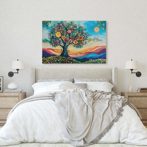 May include: A colorful painting of a tree with flowers and a sun in the sky. The tree is in a field with rolling hills in the background. The painting is on a canvas and is hanging on a wall in a bedroom.