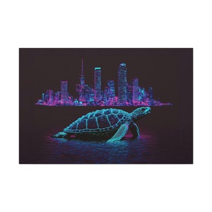 Turtle Pixel Art Canvas Art Ready To Hang Large Print, Man Cave, Video Game, Retro, Synthwave, Neon