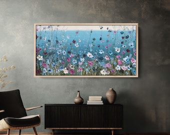 Impressionist Blue Wildflower Meadow Canvas Print, Coastal Floral Horizontal Wall Art