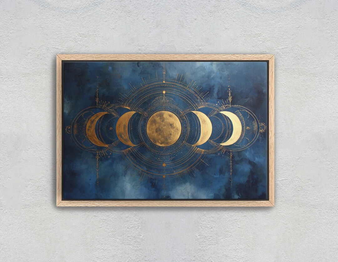 Celestial Moon Phases Canvas Print, Blue and Gold Watercolor Boho Wall ...