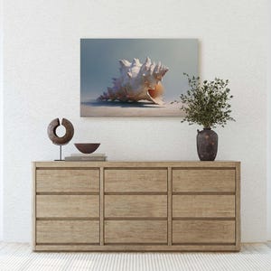 May include: A light wood dresser with six drawers, topped with a framed seashell art print. A decorative metal sculpture and a small bowl sit on the dresser. A vase with greenery is on the right.