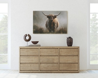 Moody Highland Cow Canvas Print, Rustic Brown Cattle Portrait Farmhouse Art