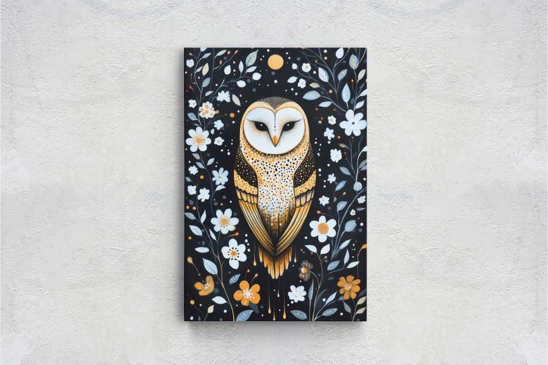 May include: A painting of a white and brown barn owl with yellow eyes. The owl is surrounded by white flowers and dark green leaves on a black background.
