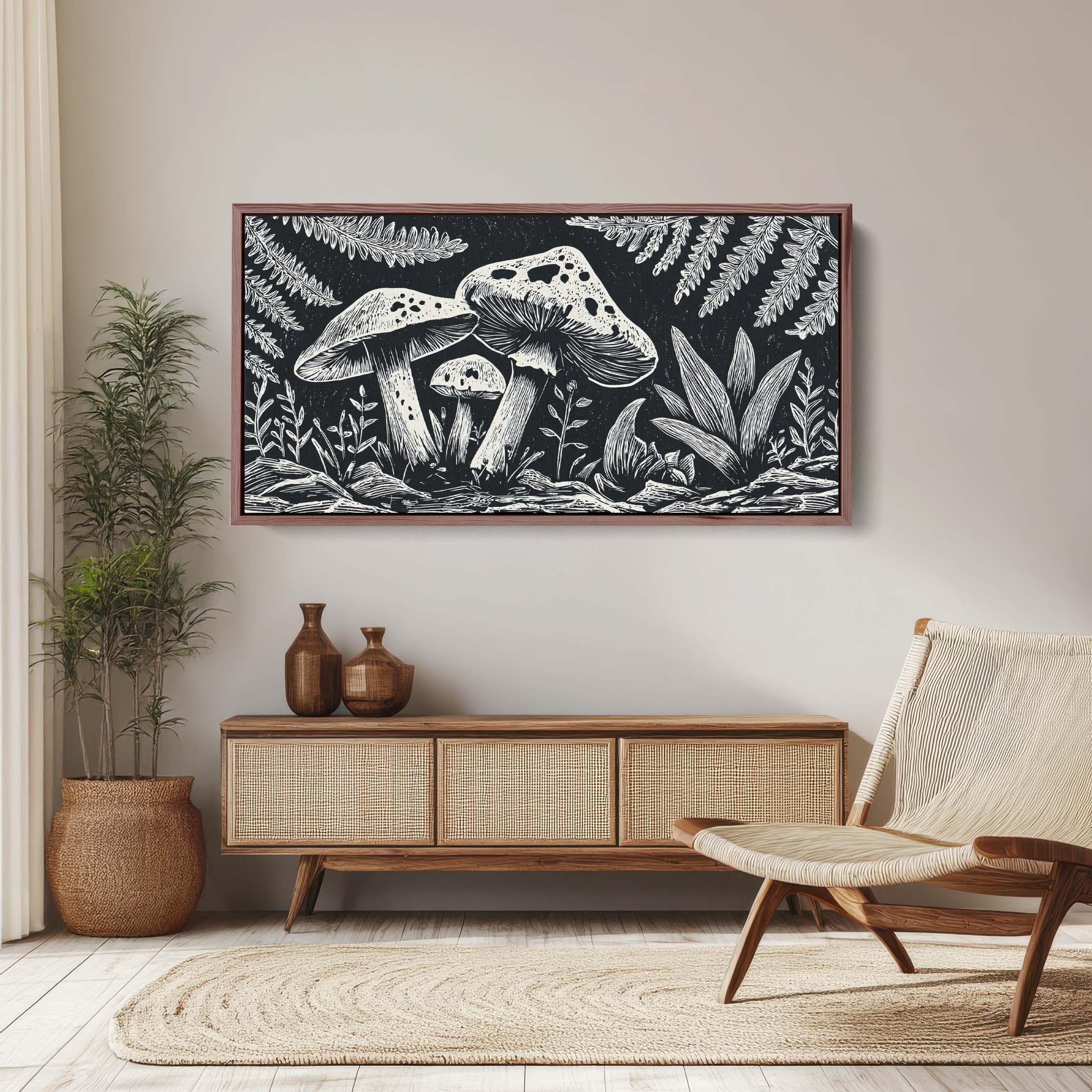 Rustic Woodcut Mushroom Canvas Print, Vintage Style Fungi Forest Wall ...