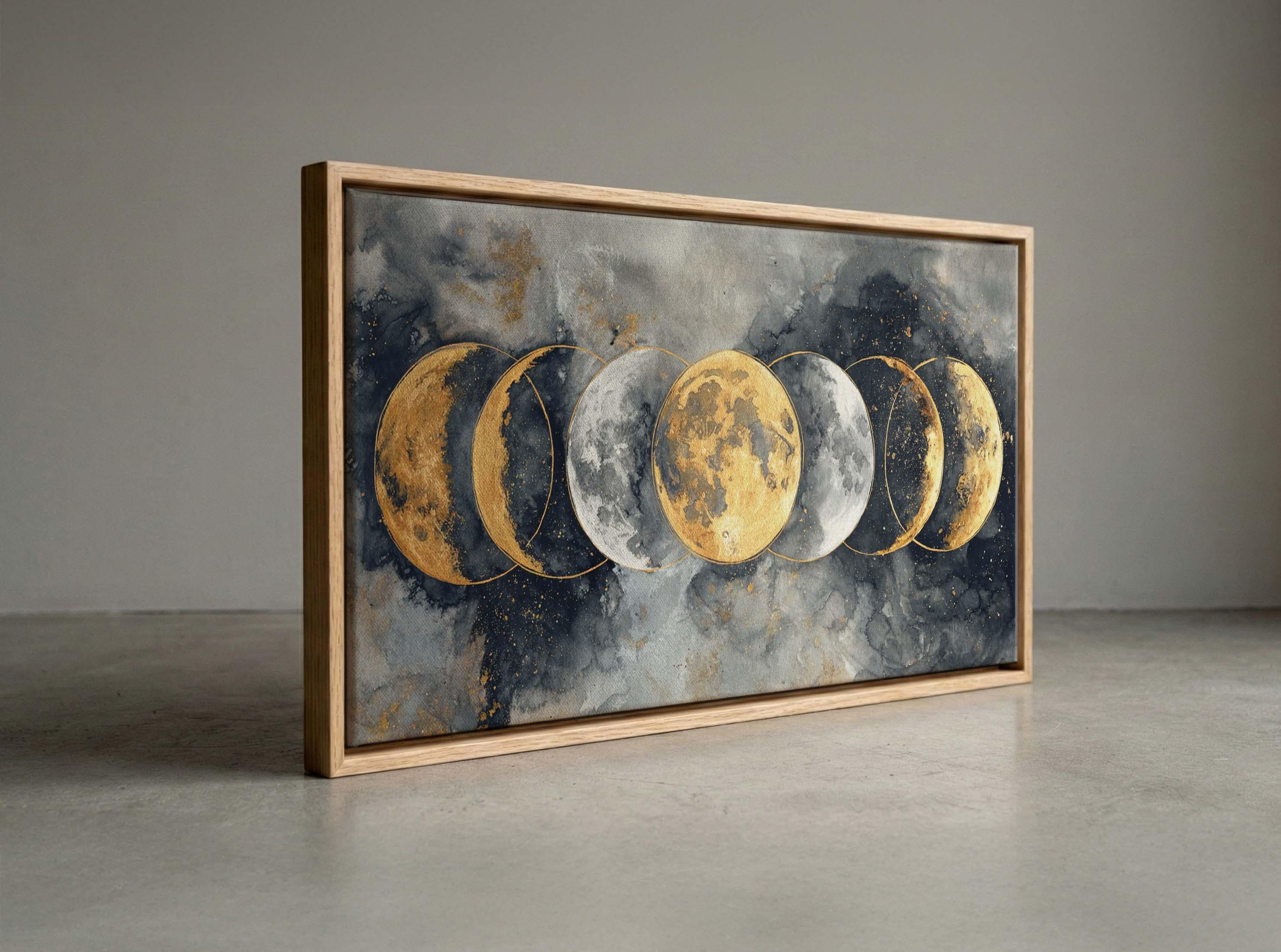 Blue Grey Moon Phases Canvas Print, Abstract Celestial Art, Gold Accent ...