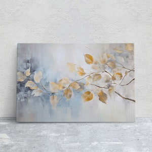 May include: Abstract painting of a branch with golden leaves against a blue and gray background.