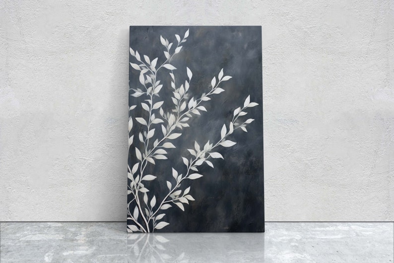 May include: Abstract painting with a dark blue background and white branches with leaves. The painting has a textured look and a modern style.