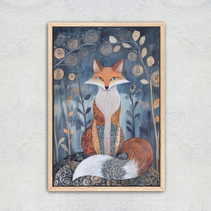 Scandinavian Fox, Folk Art, Celestial Art,  Framed Canvas, Dark Print, Nature Print, Whimsical
