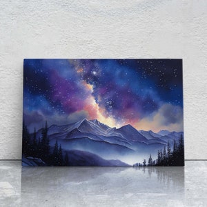 Night Sky Over Mountain Range Painting Stretched Canvas Art