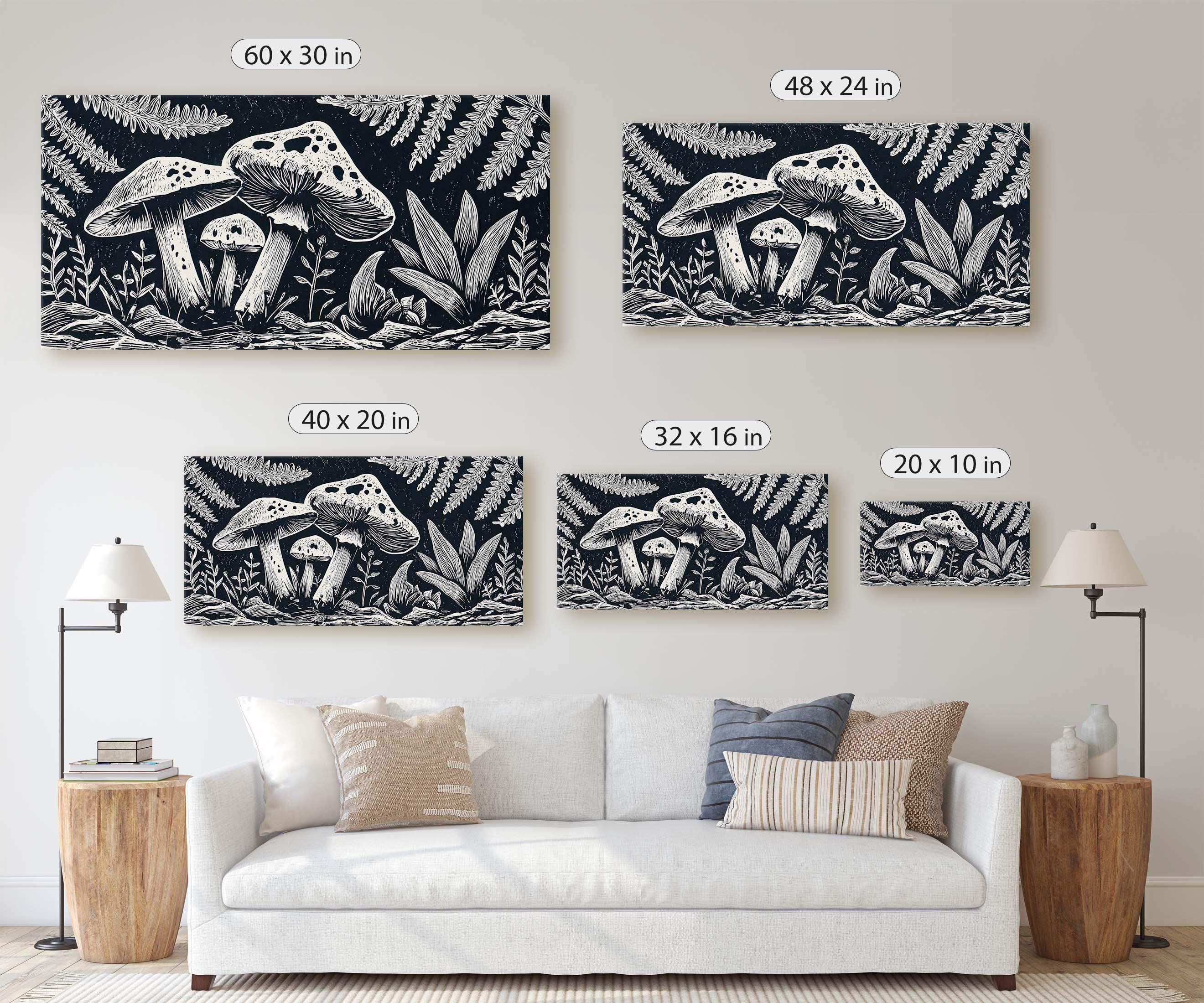 Rustic Woodcut Mushroom Canvas Print, Vintage Style Fungi Forest Wall ...
