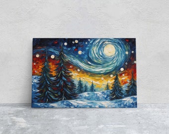 Winter Starry Night, Pine Trees Snow, Colorful Snow, Van Gogh, Framed Canvas, Night Sky, Star Sky