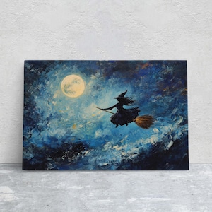 Flying Witch, Witch on Broomstick, Whimsical Decor, Full Moon,Halloween Art, Star Sky, Cloudy