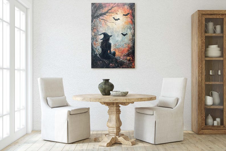 Witch and Bats Canvas: Creepy Gothic Decor (Matte Cotton Print) image 6