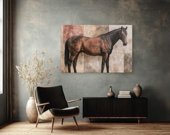Equestrian Brown Stallion Canvas Print Modern Horse Portrait Wall Art