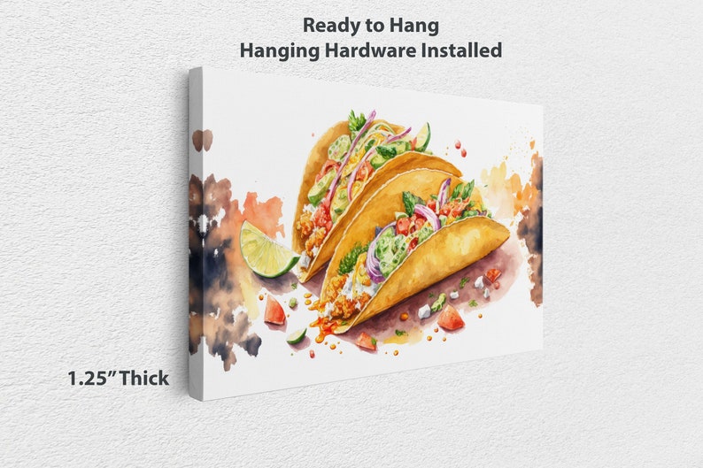 May include: Three watercolor tacos with various fillings, including avocado, onion, and tomato, on a white background with splashes of color. Ready to Hang. Hanging Hardware Installed. 1.25" Thick.