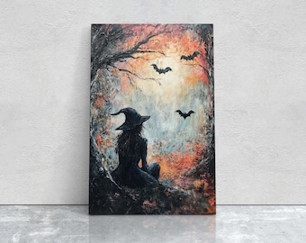 Witch Full Moon Canvas: Black Cat, Wildflowers, Halloween Art