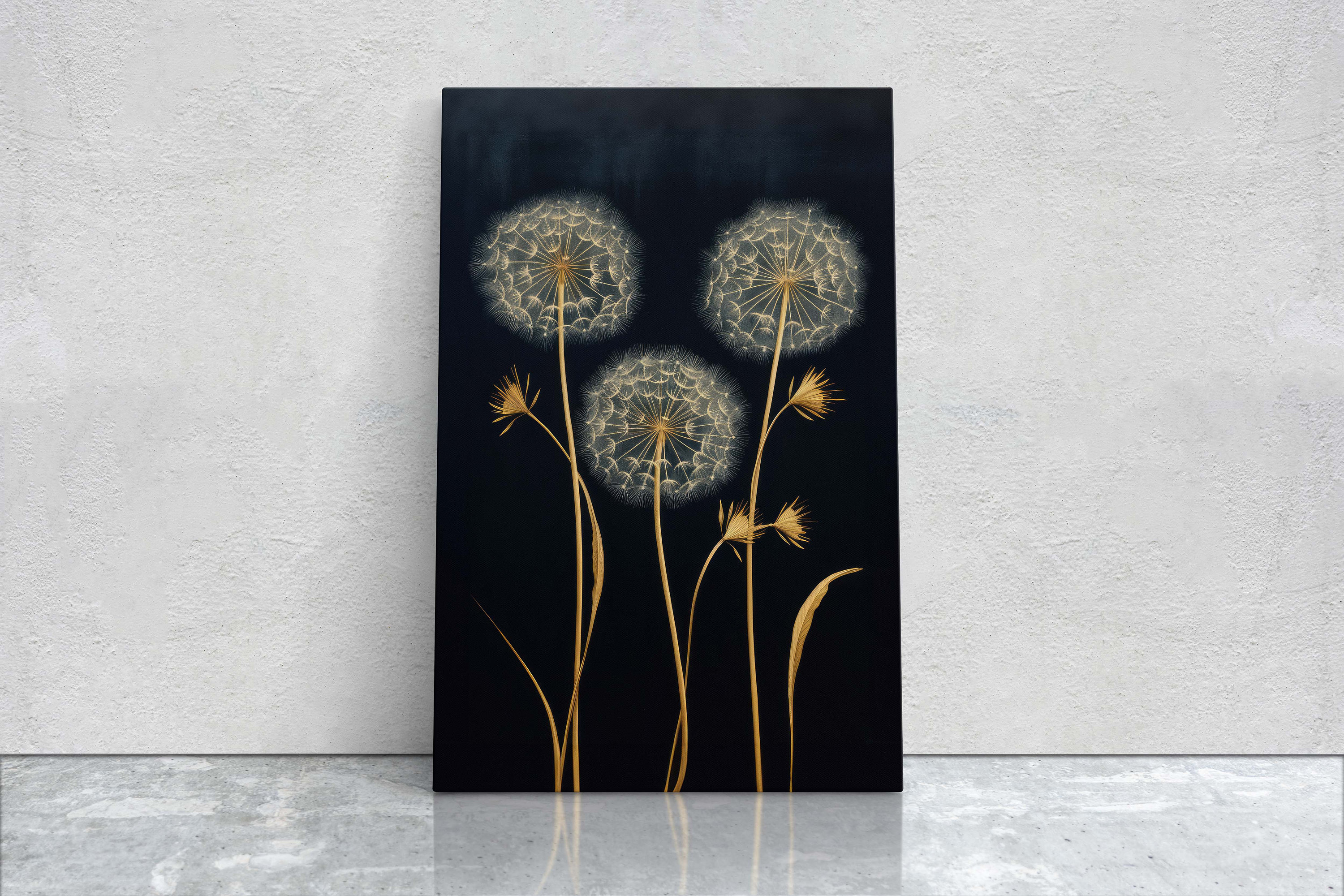 Dandelions Painting, Black and Gold, Floral Decor, Framed Canvas, Flower Print, Large Print, Contemporary Decor, Modern Art, Simple Bold