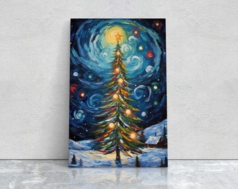 Starry Christmas Tree, Starry Night, Christmas Painting, Xmas Decor, Framed Canvas, Large Painting, Festive Print, Winter Art