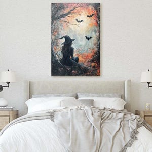 Witch and Bats Canvas: Creepy Gothic Decor (Matte Cotton Print) image 9