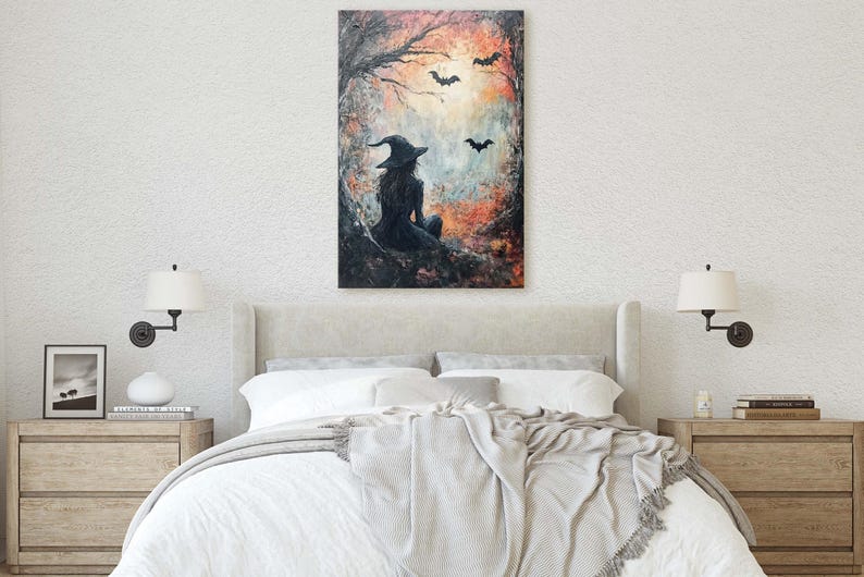 Witch and Bats Canvas: Creepy Gothic Decor (Matte Cotton Print) image 9