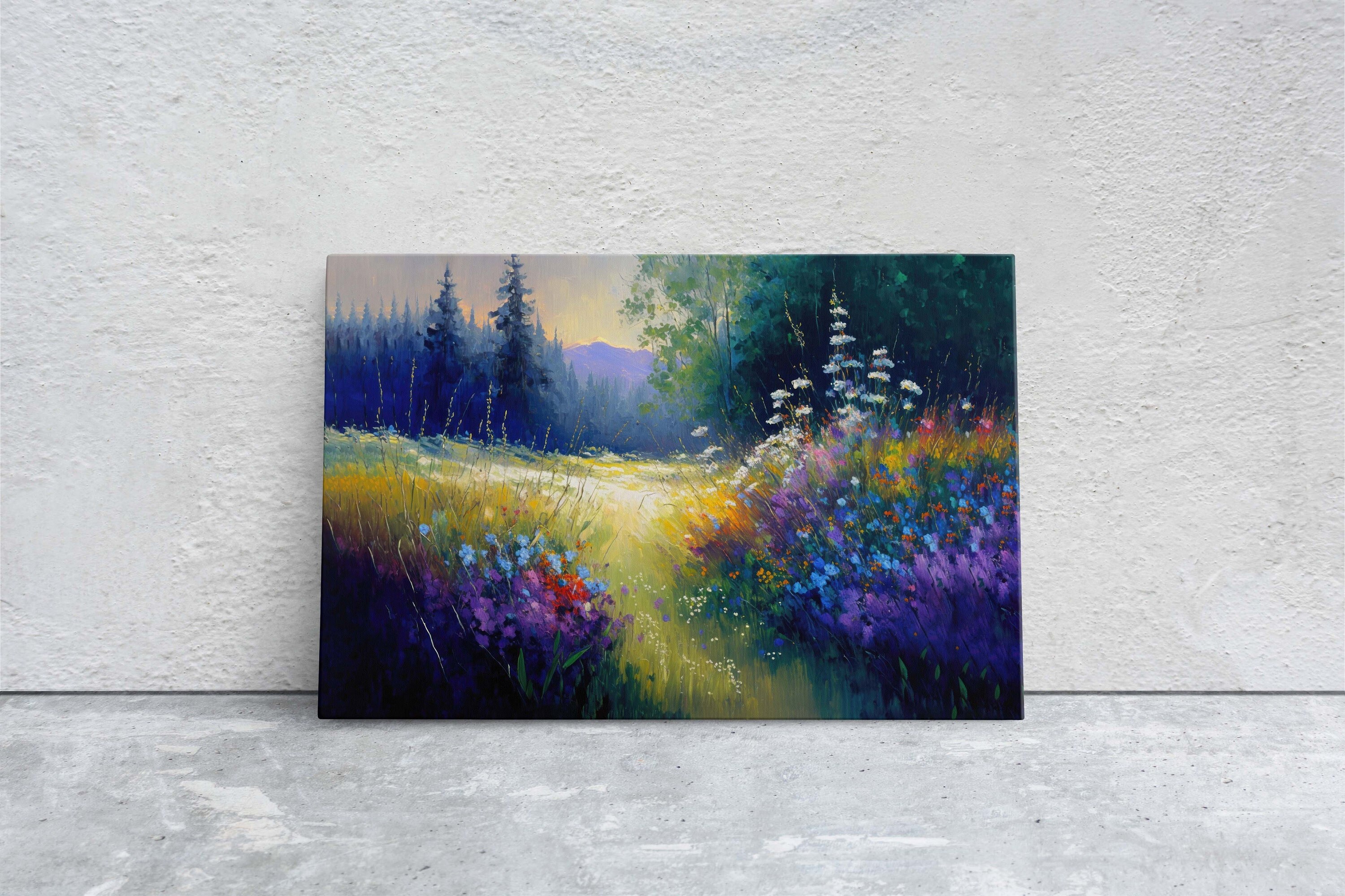 Flower Meadow Canvas Art Ready To Hang Large Print, Oil Painting, Landscape