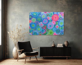 Neon Chrysanthemum Canvas Print, Vibrant Psychedelic Botanical Wall Art
