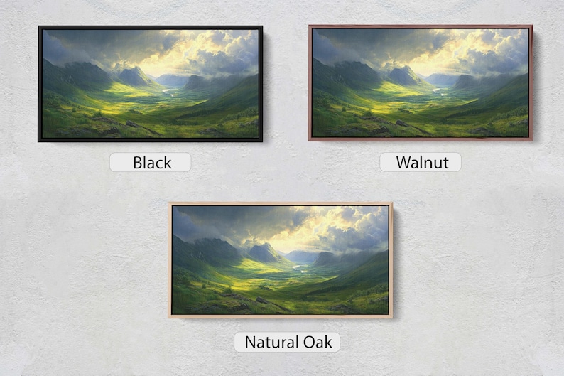 May include: Three different frame options for a picture of a green valley with mountains in the background. The frame options are black, walnut, and natural oak.