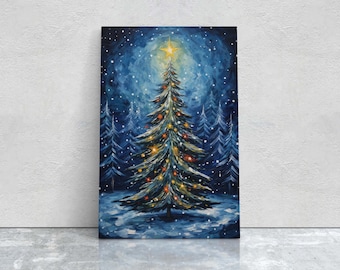 Starry Christmas Tree, Starry Night, Christmas Painting, Xmas Decor, Framed Canvas, Large Painting, Festive Print, Winter Art
