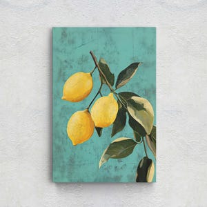 May include: A painting of a lemon branch with three lemons on a turquoise background. The lemons are yellow and the leaves are green.