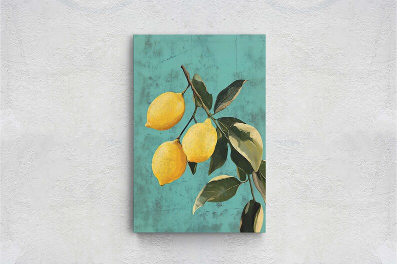 May include: A painting of a lemon branch with three lemons on a turquoise background. The lemons are yellow and the leaves are green.