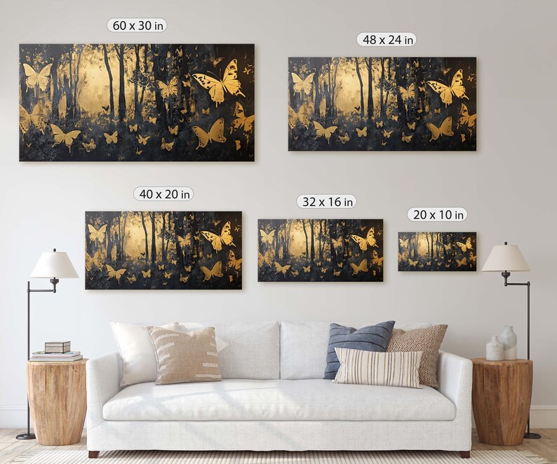 Butterfly Forest, Black and Gold Trees, Wide Canvas Print, Modern ...