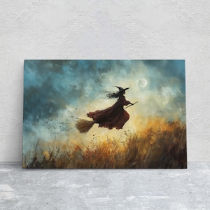 Flying Witch, Witch on Broomstick, Whimsical Decor, Full Moon,Halloween Art, Fall Harvest, Cloudy