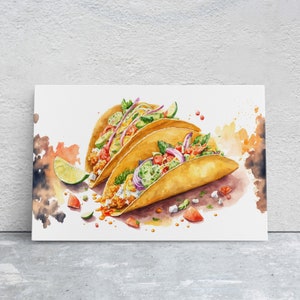 Watercolor Taco Canvas Art Ready To Hang Large Print, Oil Painting, Colorful, Water Color, Mexican food, Kitchen