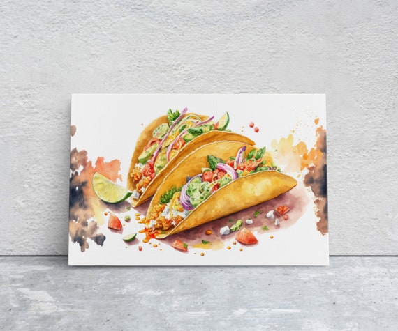 Watercolor Taco Canvas Art Ready To Hang Large Print, Oil Painting, Colorful, Water Color, Mexican food, Kitchen