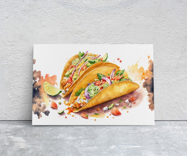 May include: A watercolor painting of three tacos with various fillings, including lettuce, tomato, onion, and cheese. The tacos are on a white background with watercolor splatters.