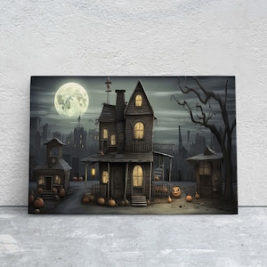 Spooky Mansion, Halloween House, Gothic Home, Scary House, Moonlit Black, Framed Canvas, Creepy cute, Spooky house Art