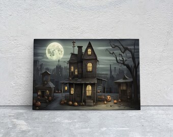 Spooky Mansion, Halloween House, Gothic Home, Scary House, Moonlit Black, Framed Canvas, Creepy cute, Spooky house Art