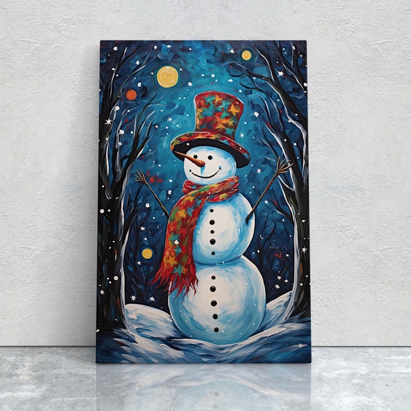 Starry Snowman, Colorful Snowman, Snowman Painting, Framed Canvas, Festive Decor, Christmas Print, Xmas Art, Winter Decor
