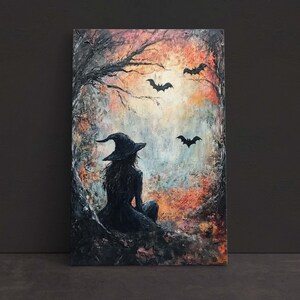 Witch and Bats Canvas: Creepy Gothic Decor (Matte Cotton Print) image 1