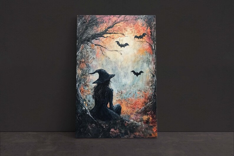 Witch and Bats Canvas: Creepy Gothic Decor (Matte Cotton Print) image 1