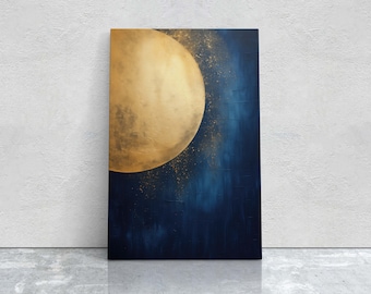 Gold Moon on Indigo, Moon Painting, Minimalist Art, Circle Indigo, Maximalist Art, Contemporary Decor, Celestial Art, Space Decor, Night Sky