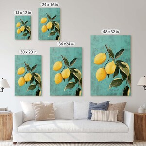 May include: A set of five digital art prints featuring lemons on a turquoise background. The prints are available in five different sizes: 18x12 inches, 24x16 inches, 30x20 inches, 36x24 inches, and 48x32 inches.