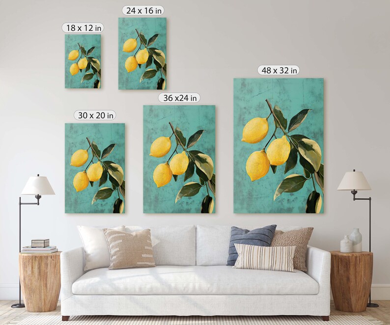 May include: A set of five digital art prints featuring lemons on a turquoise background. The prints are available in five different sizes: 18x12 inches, 24x16 inches, 30x20 inches, 36x24 inches, and 48x32 inches.